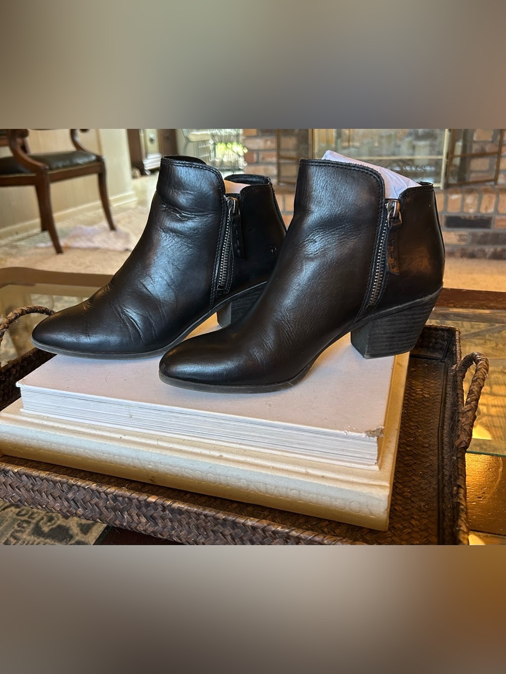 Frye Judith Black Leather Ankle Booties with Side Zipper.